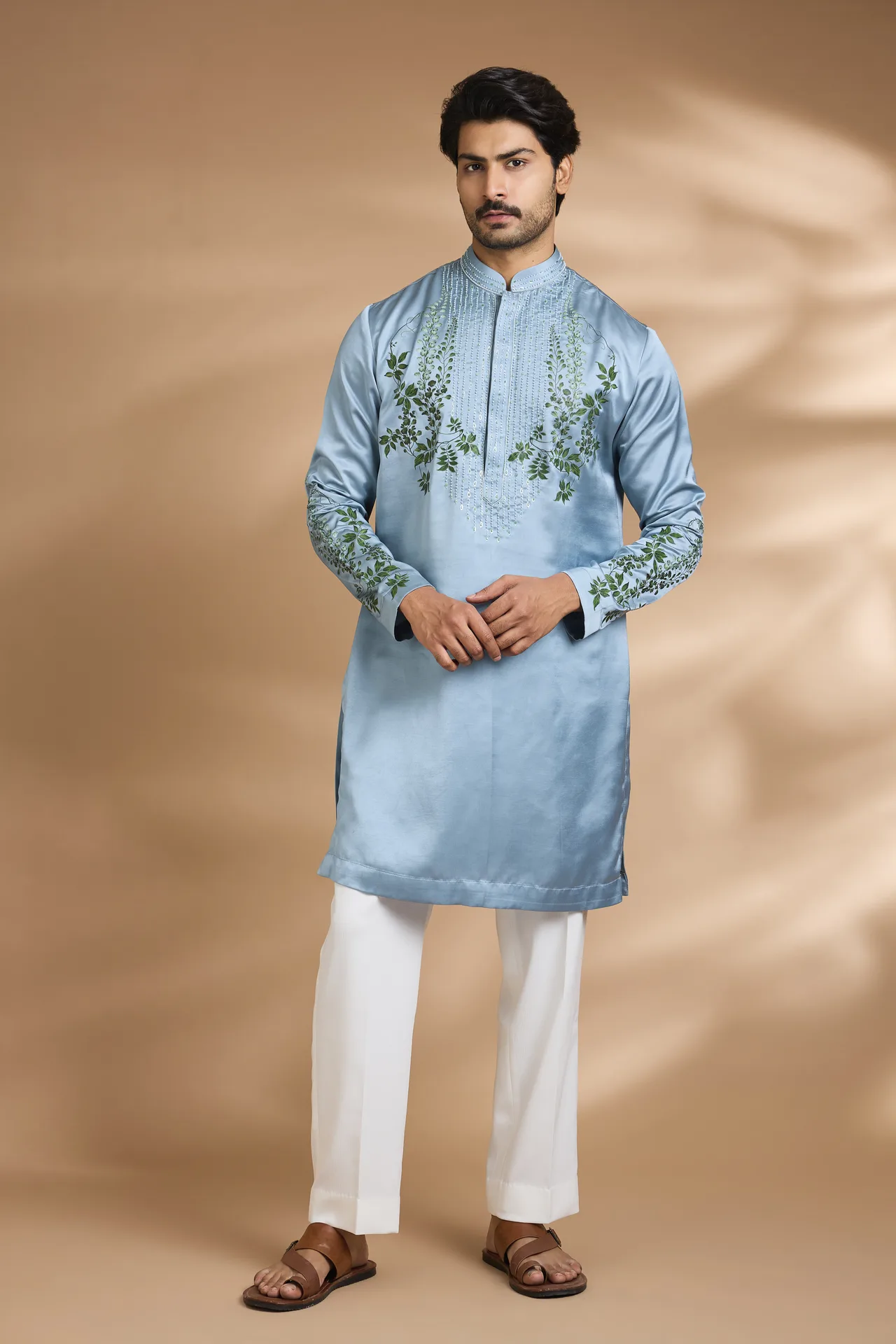 Blue Silk Kurta with Embroidery